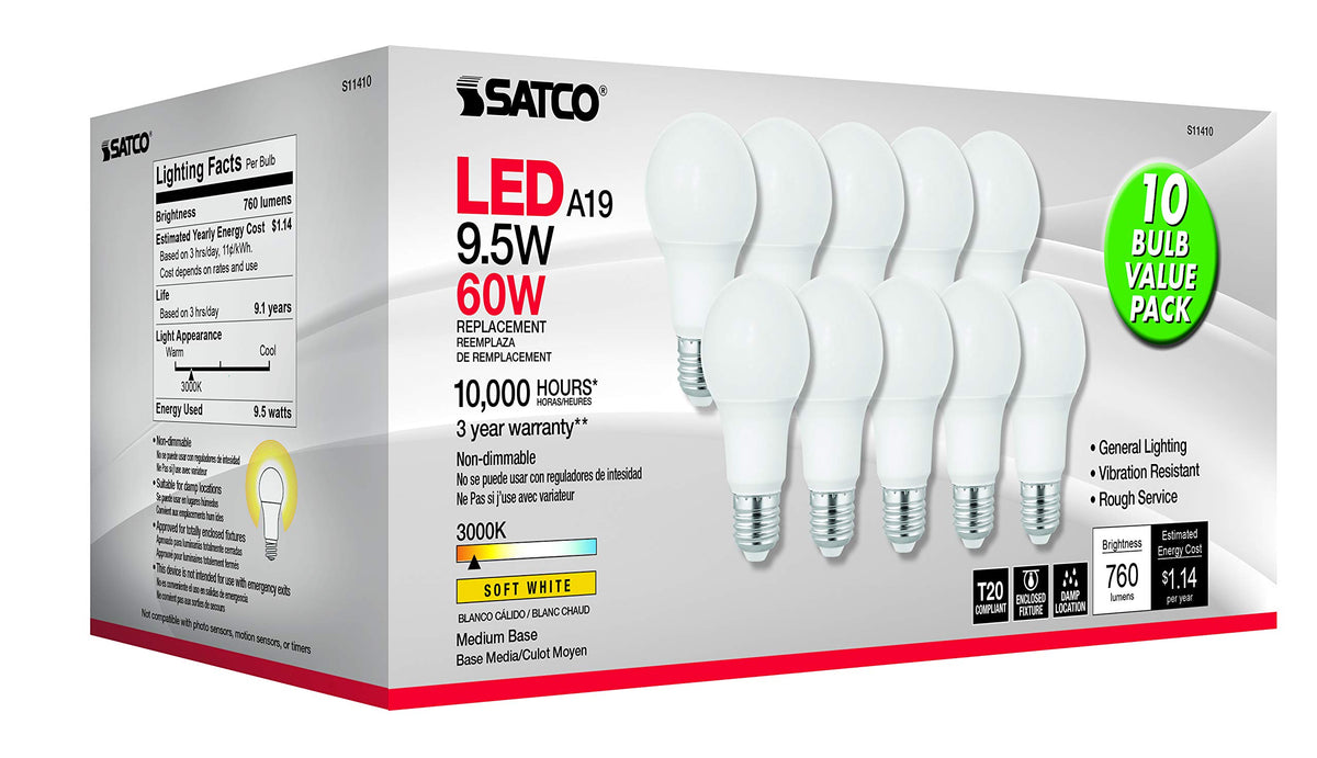 Satco S11410 10-pack box highlights energy-efficient design.