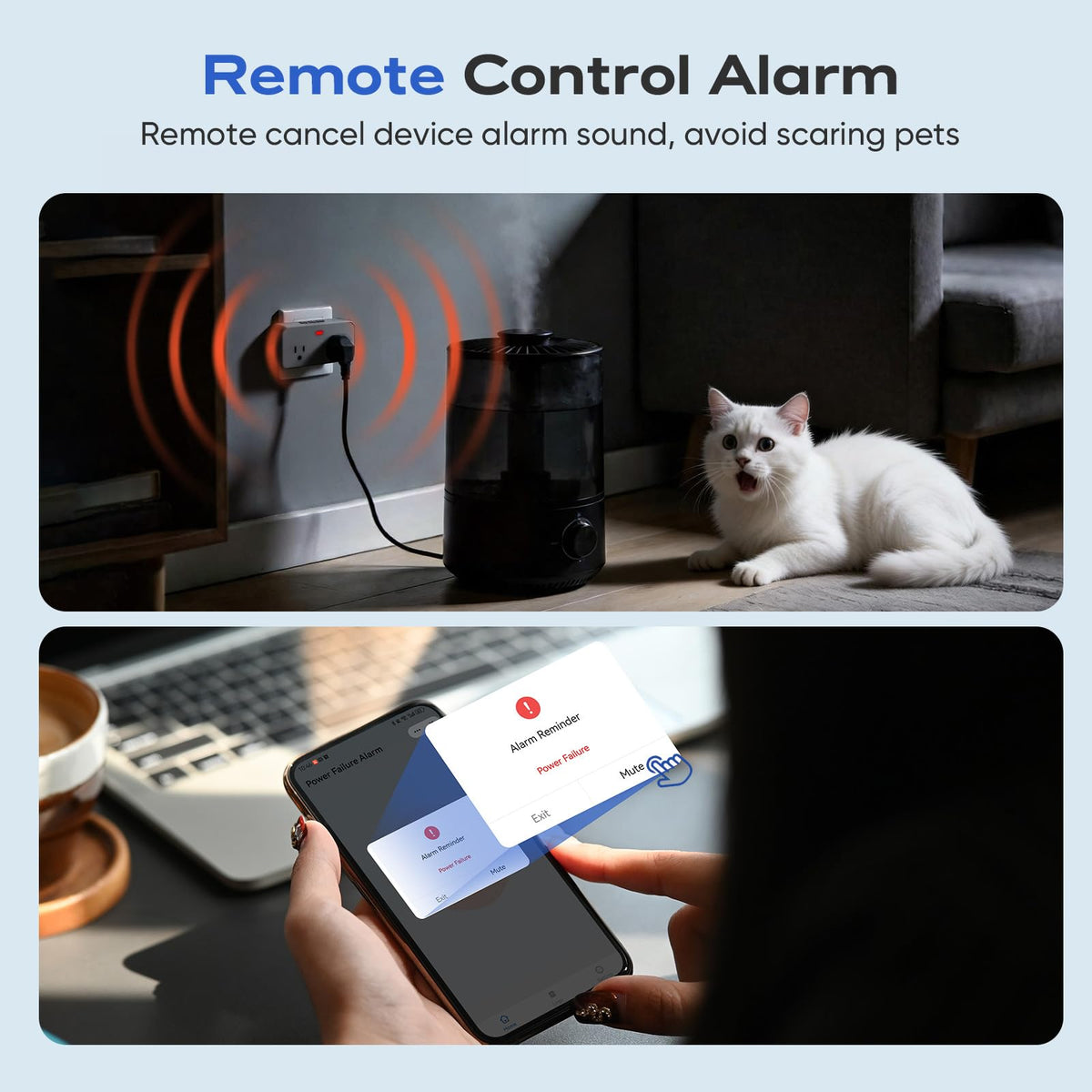 Satisure Power Failure Alarm socket setup shows two outlets for flexible protection of appliances.