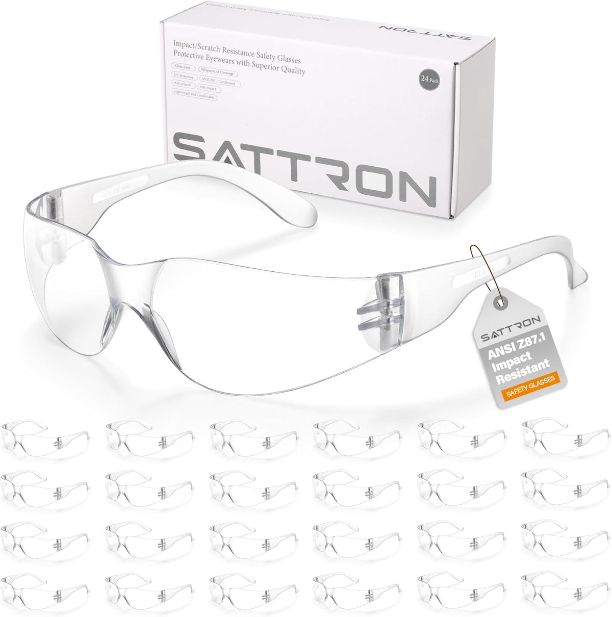 SATTRON 24-pack packaging of clear safety glasses, ready for bulk orders.