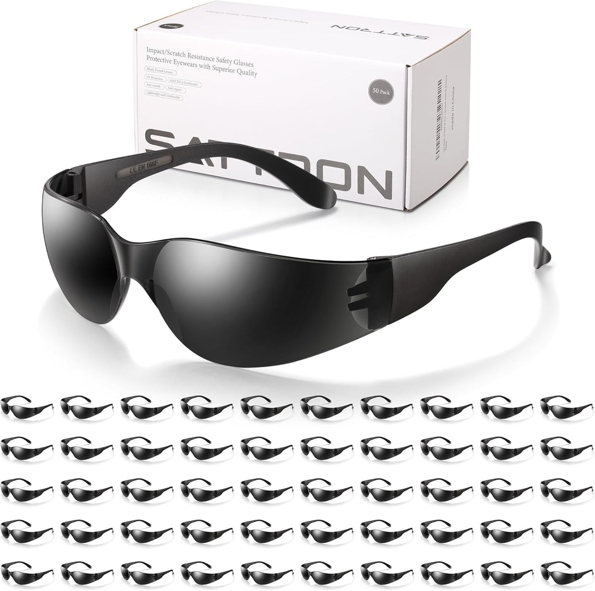 SATTRON safety glasses in a 50-pack with tinted lenses for outdoor work