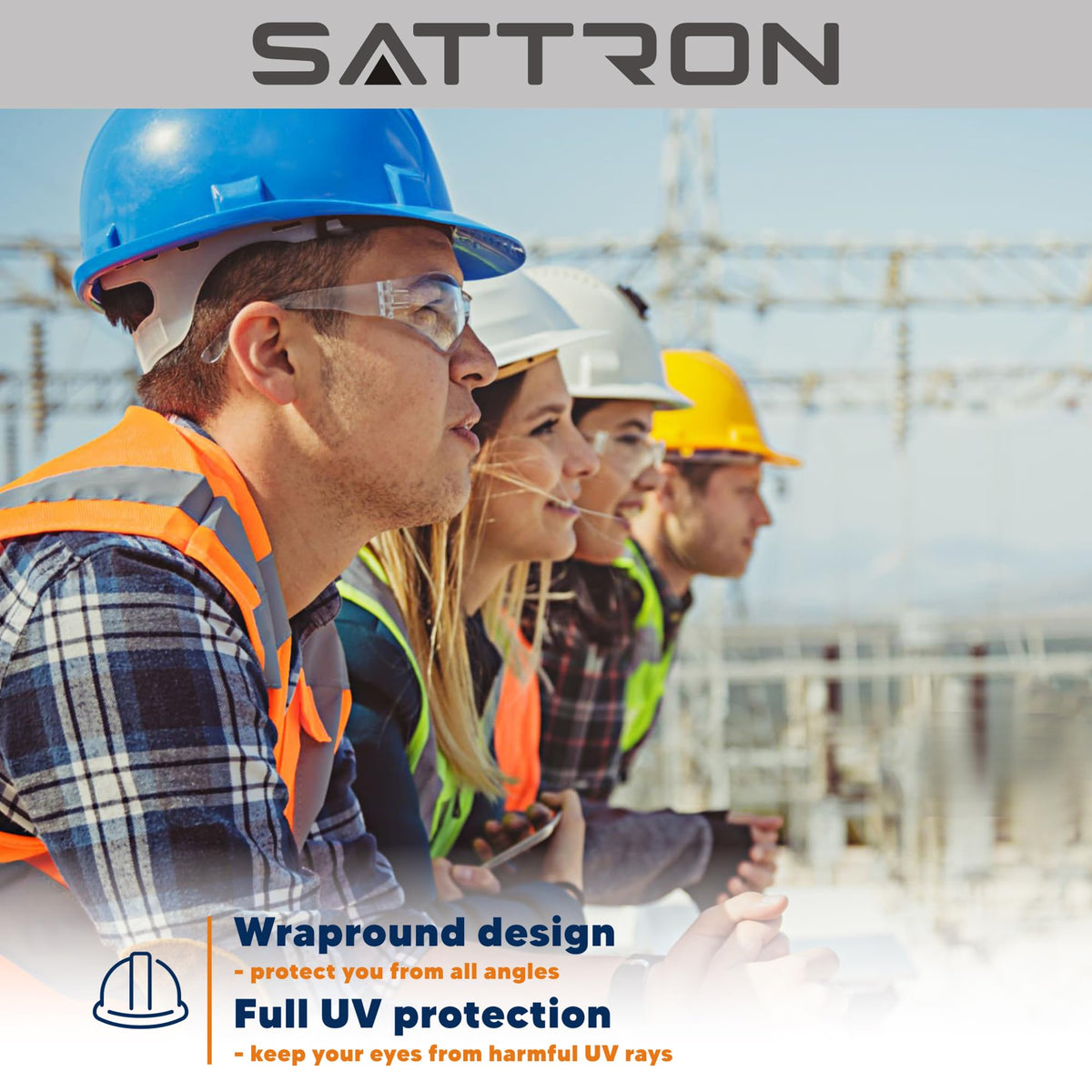 SATTRON ANSI Z87.1 certification badge visible on glasses.