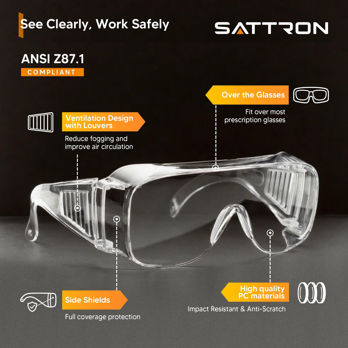 SATTRON ANSI Z87.1 certified safety glasses protecting eyes from debris