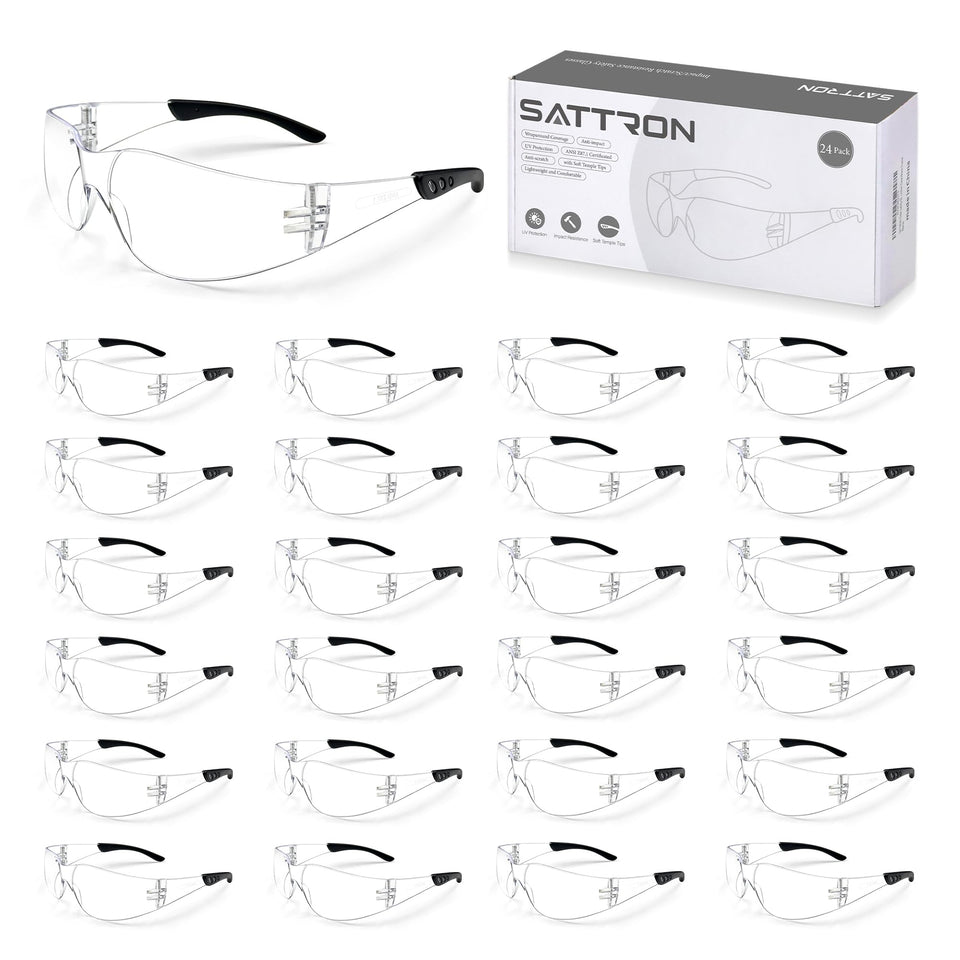 SATTRON clear safety glasses in a 24-pack bulk box for team use