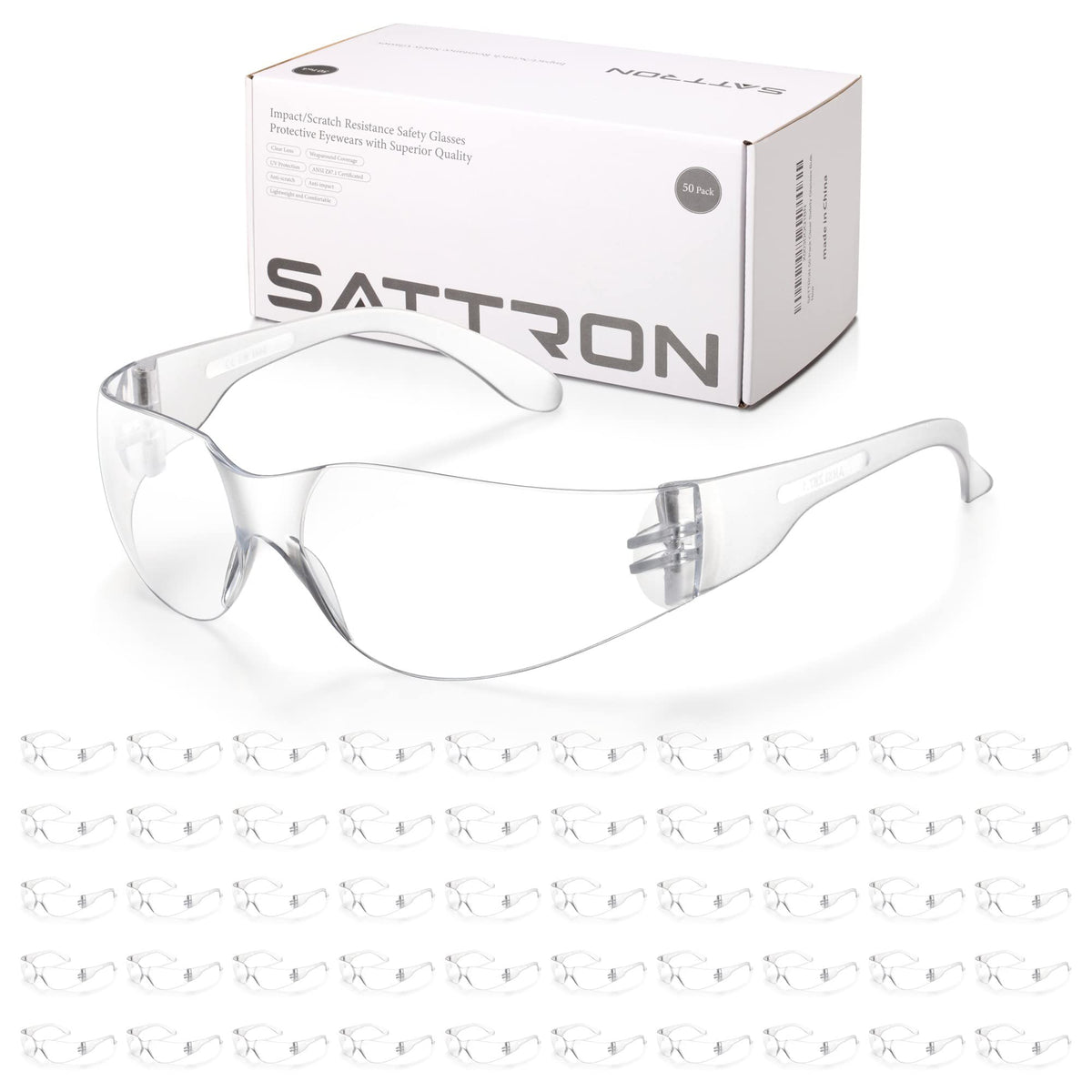 SATTRON clear safety glasses with 50-pack packaging for team use