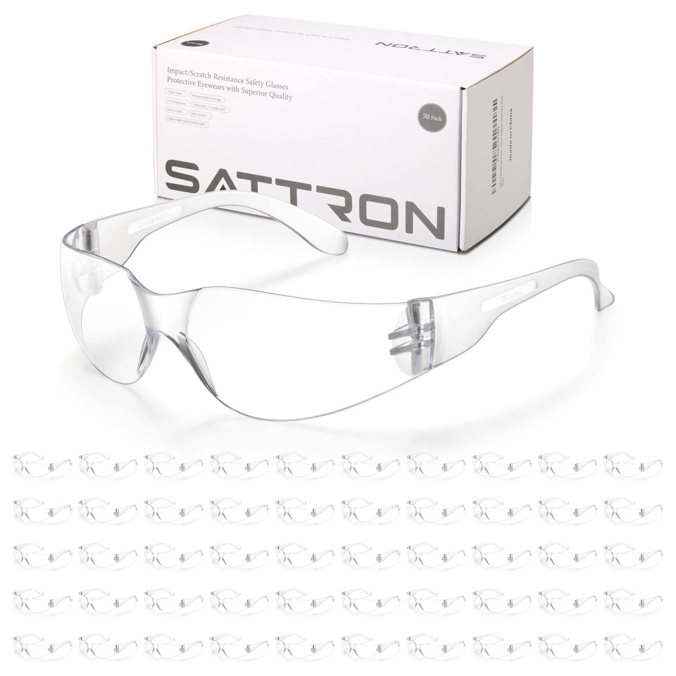 SATTRON clear safety glasses with 50-pack packaging for team use