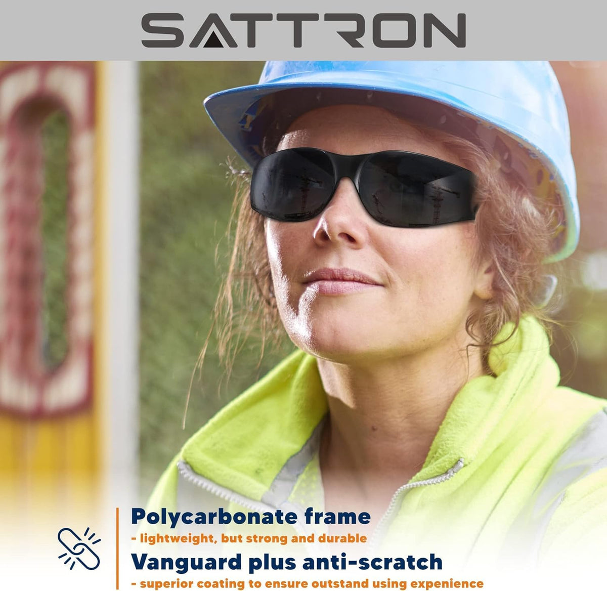 SATTRON dark smoke lenses close-up showing glare reduction in bright light.