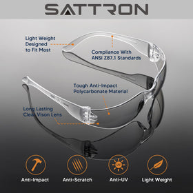 SATTRON lightweight safety glasses close-up showing comfortable wear.