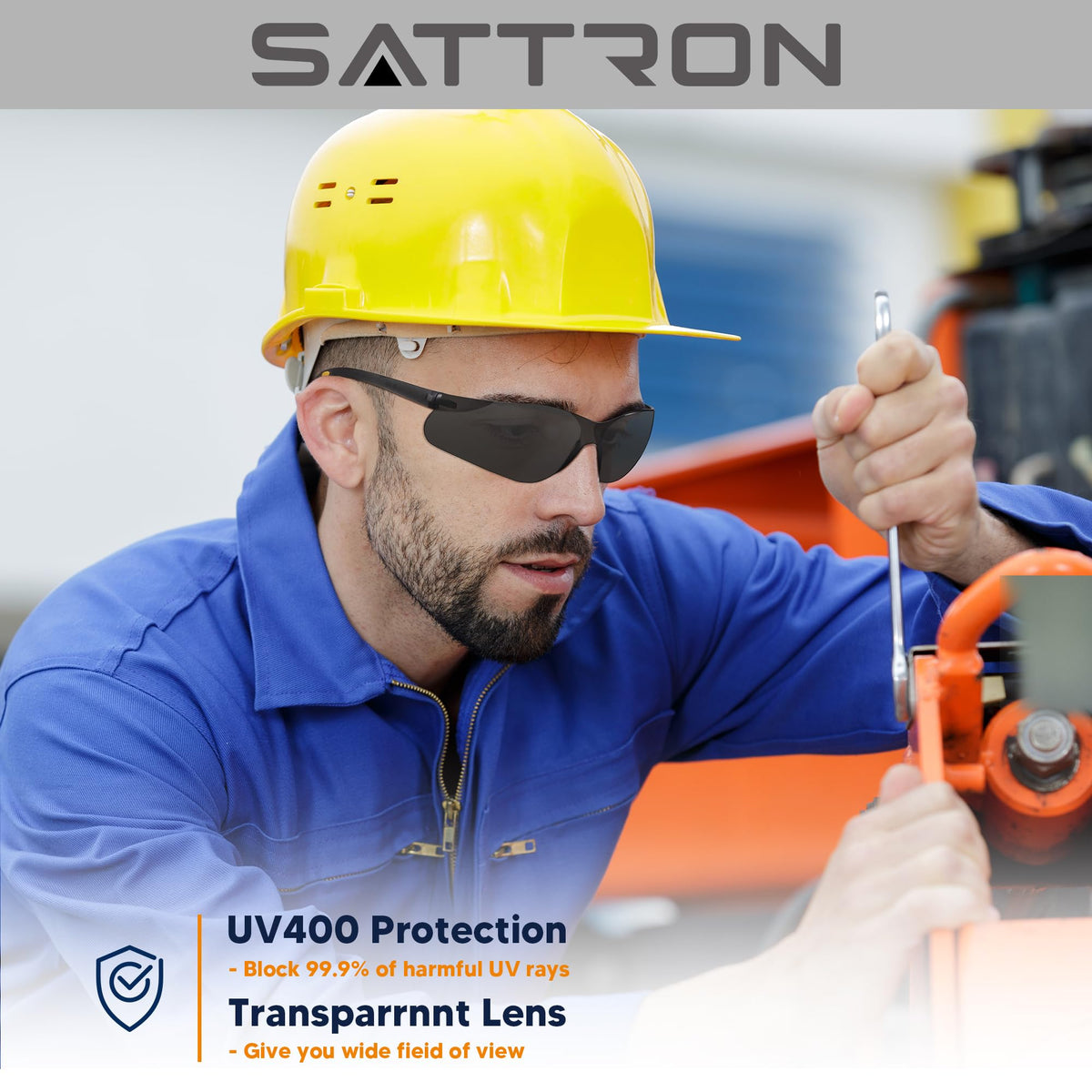 SATTRON tinted safety glasses wraparound side view for secure fit and visibility
