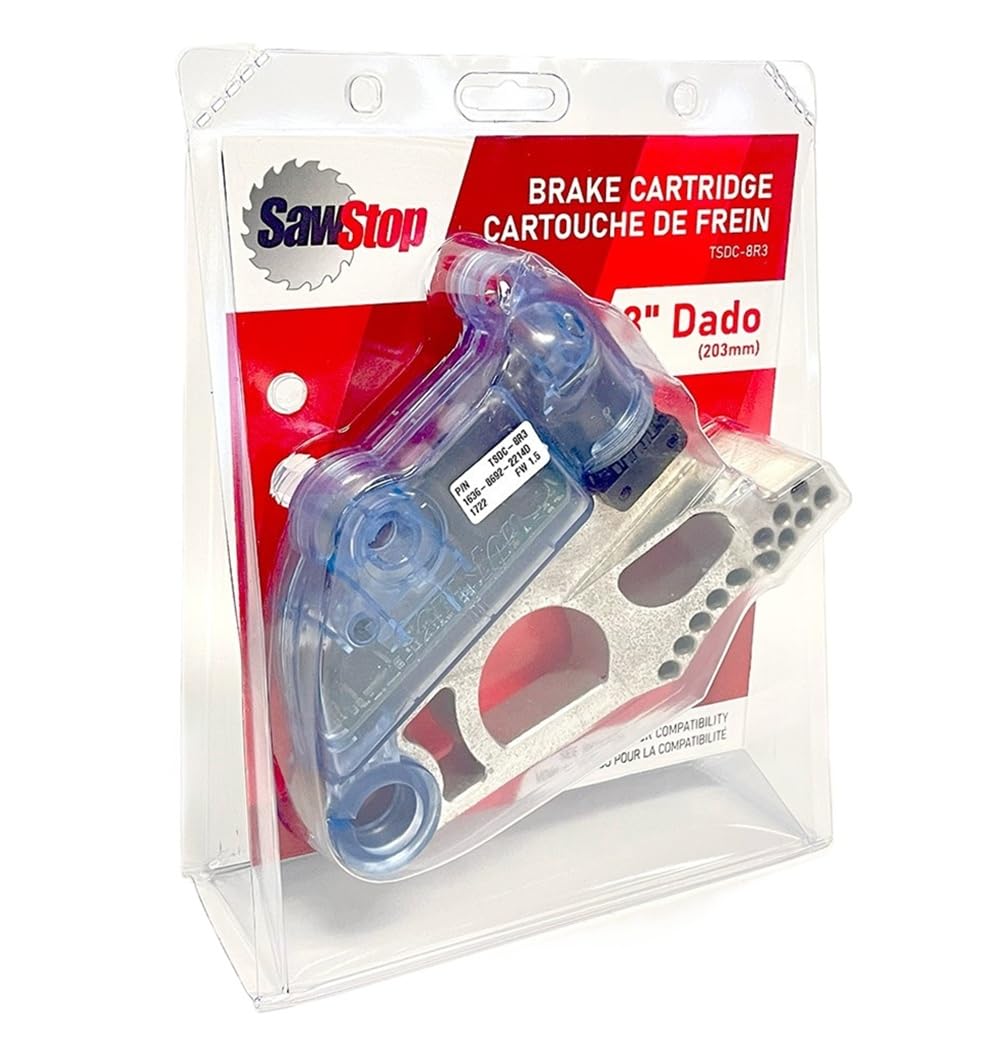 Close-up of SawStop brake cartridge easy-switch mechanism enabling quick mode changes.