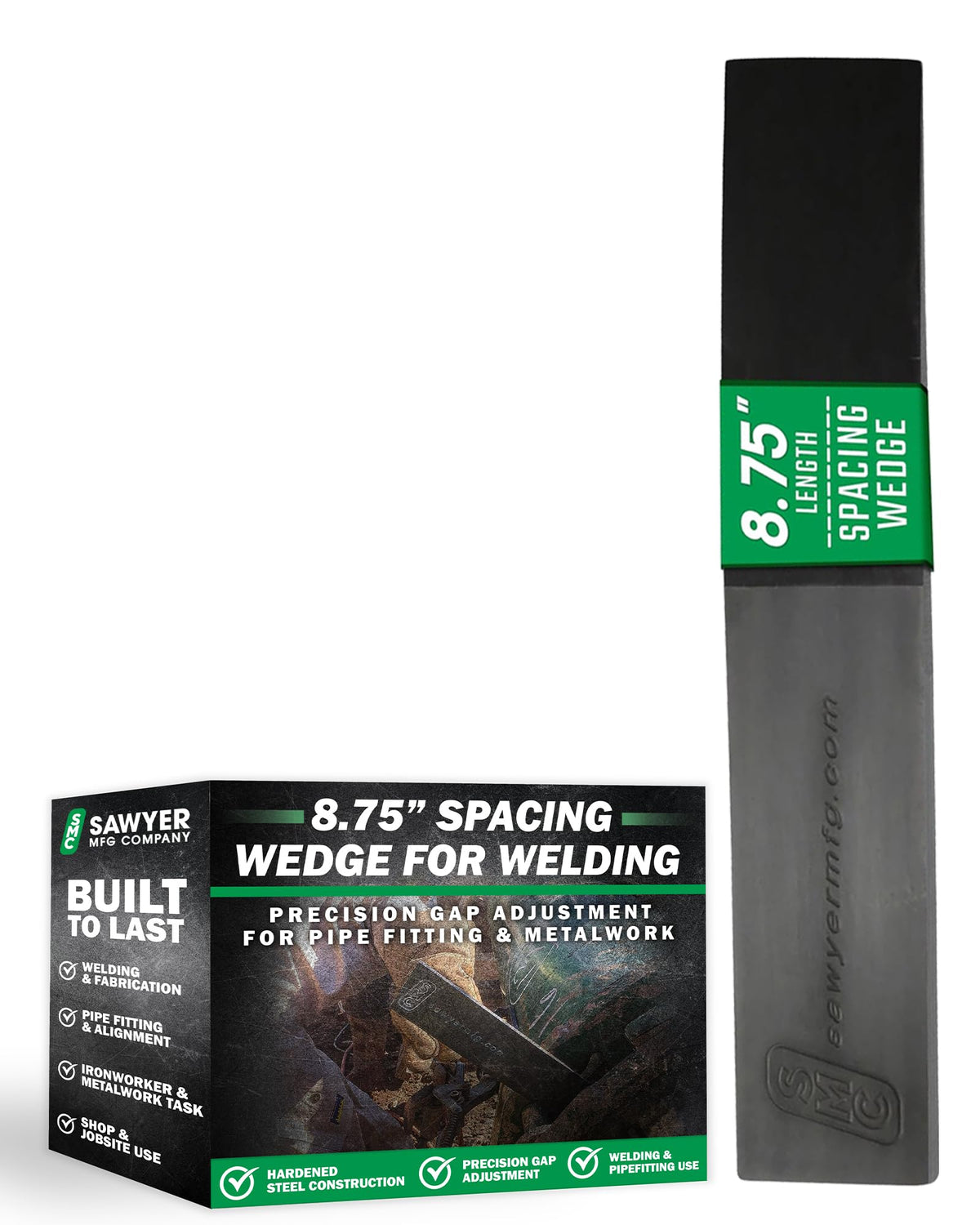 Sawyer welding wedge at a pipe-fitting angle for precise gaps.