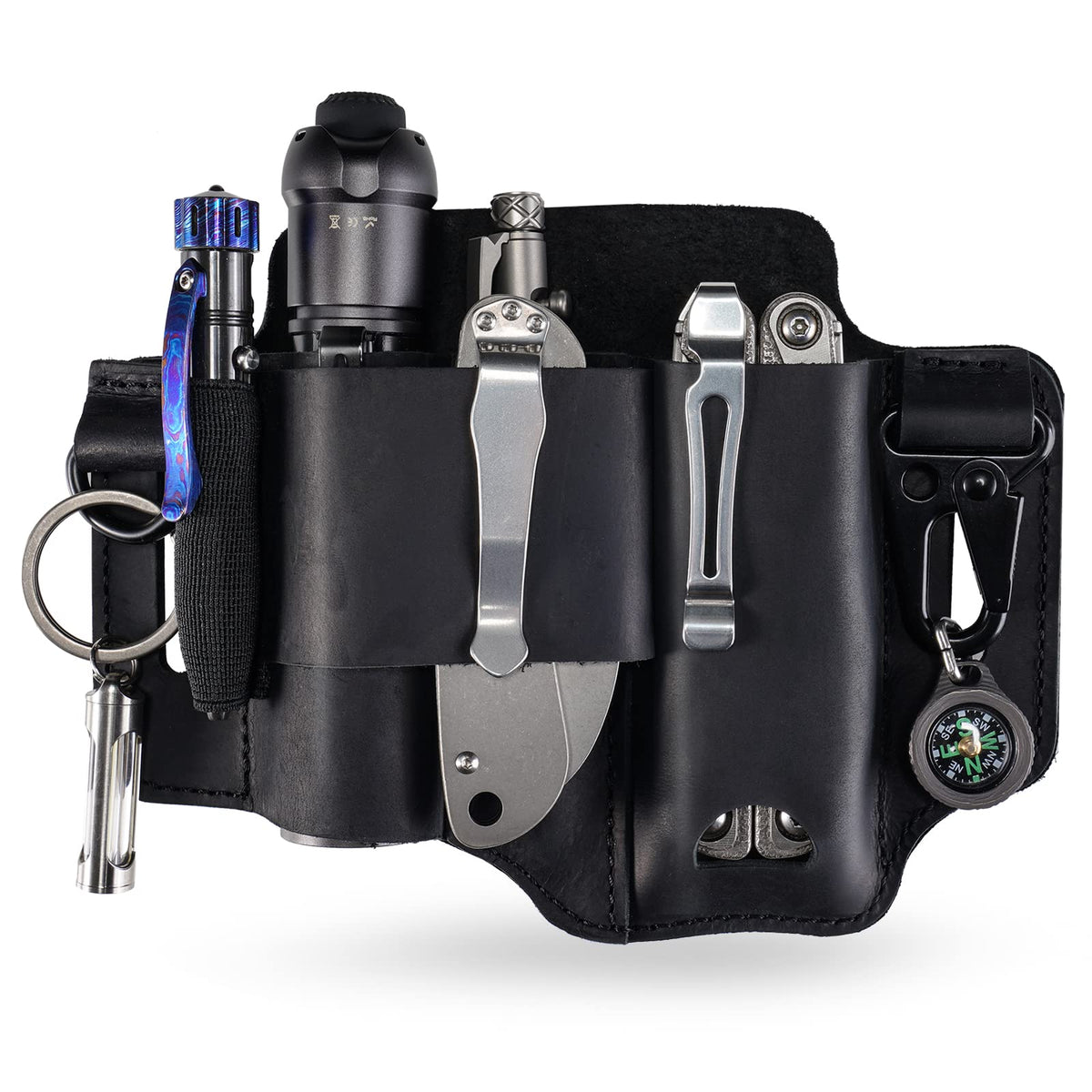 Sayram ST1 leather multitool sheath on belt loop for quick access.