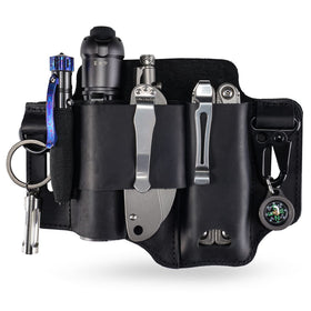 Sayram ST1 leather multitool sheath on belt loop for quick access.