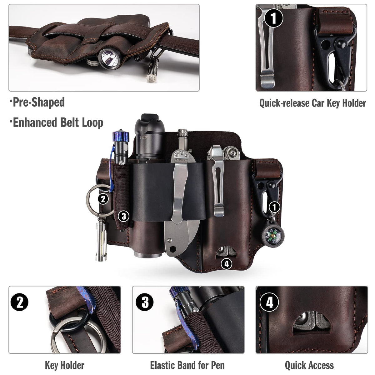 Sayram ST1 leather multitool sheath closed view emphasizes durable natural leather and stitching.