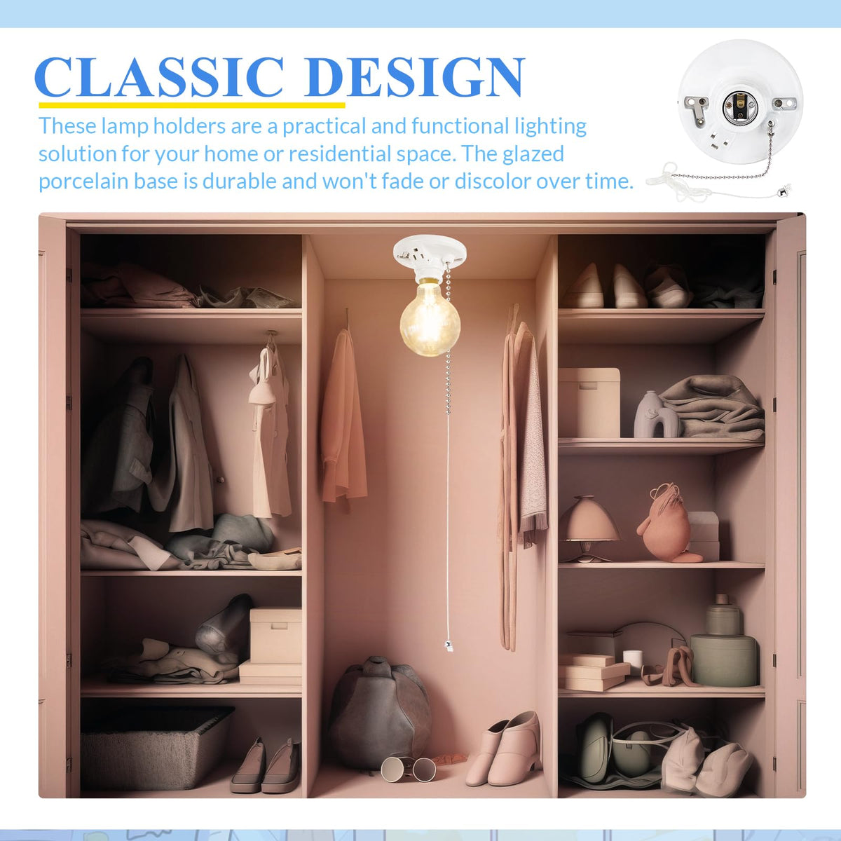 Saysurey porcelain socket ideal for garages, closets, utility rooms and other indoor areas.