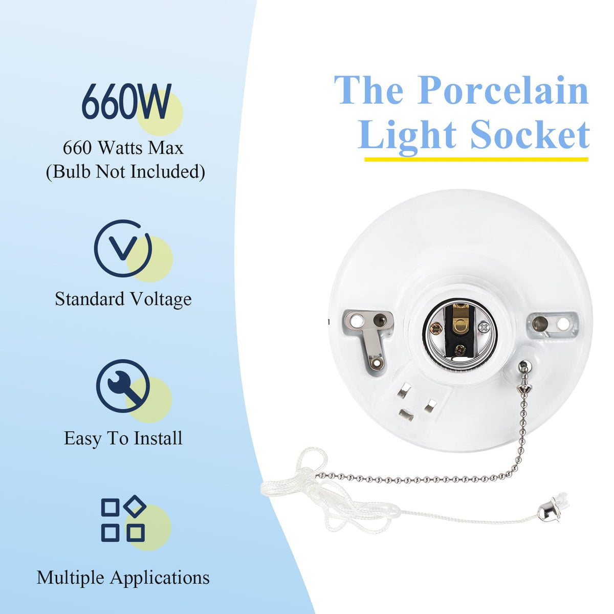Saysurey pull-chain light fixture in porcelain enables easy on/off in tight spaces.
