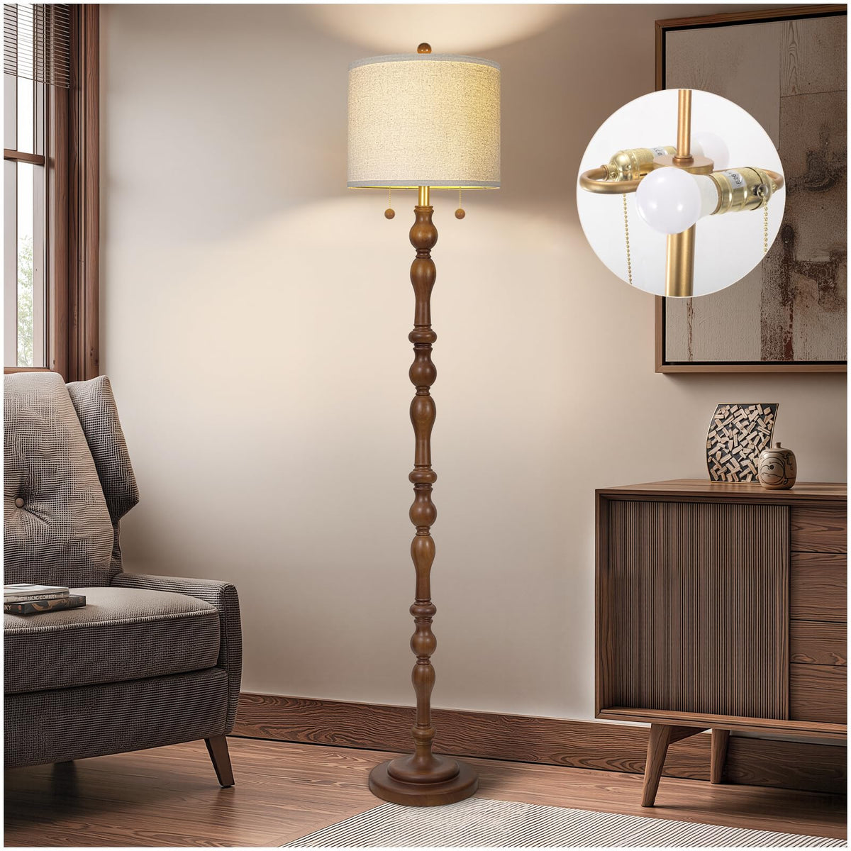 Scenekoy 65.5-inch natural wood floor lamp in a living room setup.