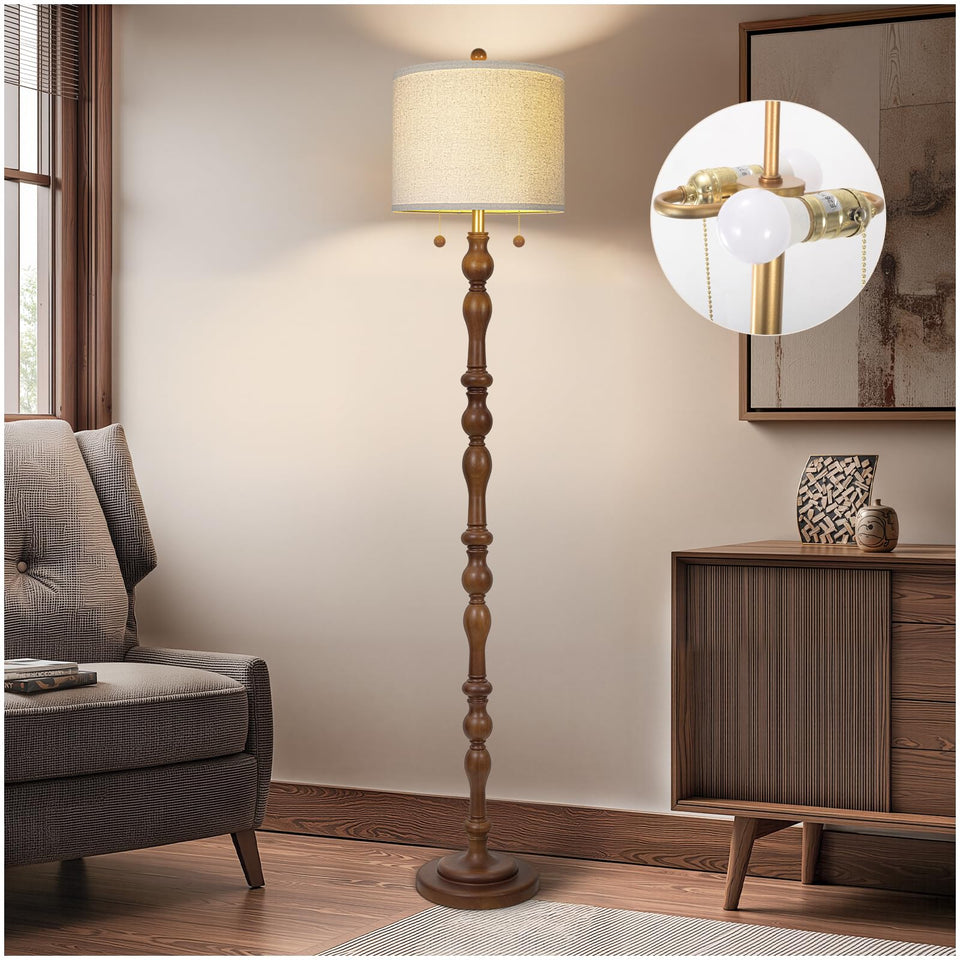 Scenekoy 65.5-inch natural wood floor lamp in a living room setup.