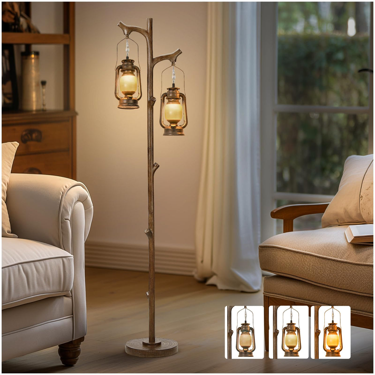 Scenekoy 68-inch rustic tree trunk floor lamp with lantern glow for cozy living rooms