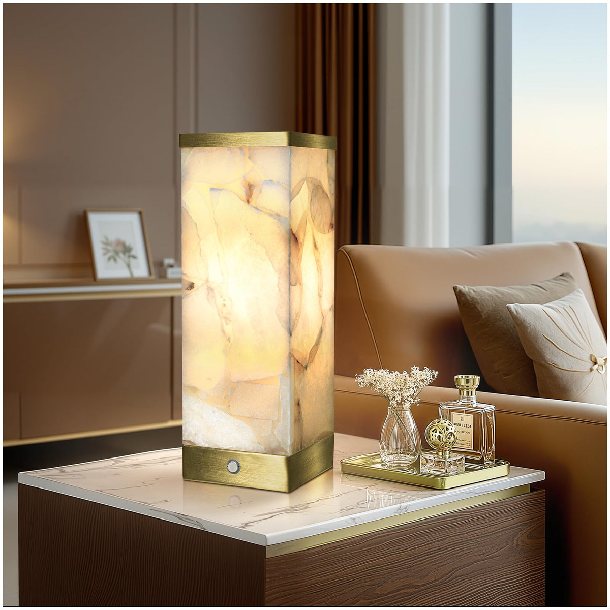 Scenekoy alabaster lamp base glows softly to create ambient warmth