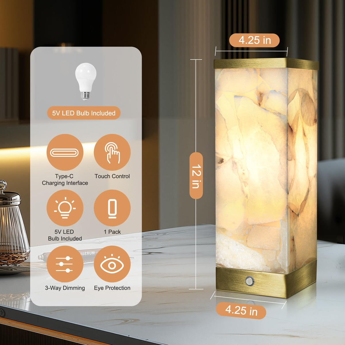 Scenekoy alabaster lamp touch control highlights three brightness levels