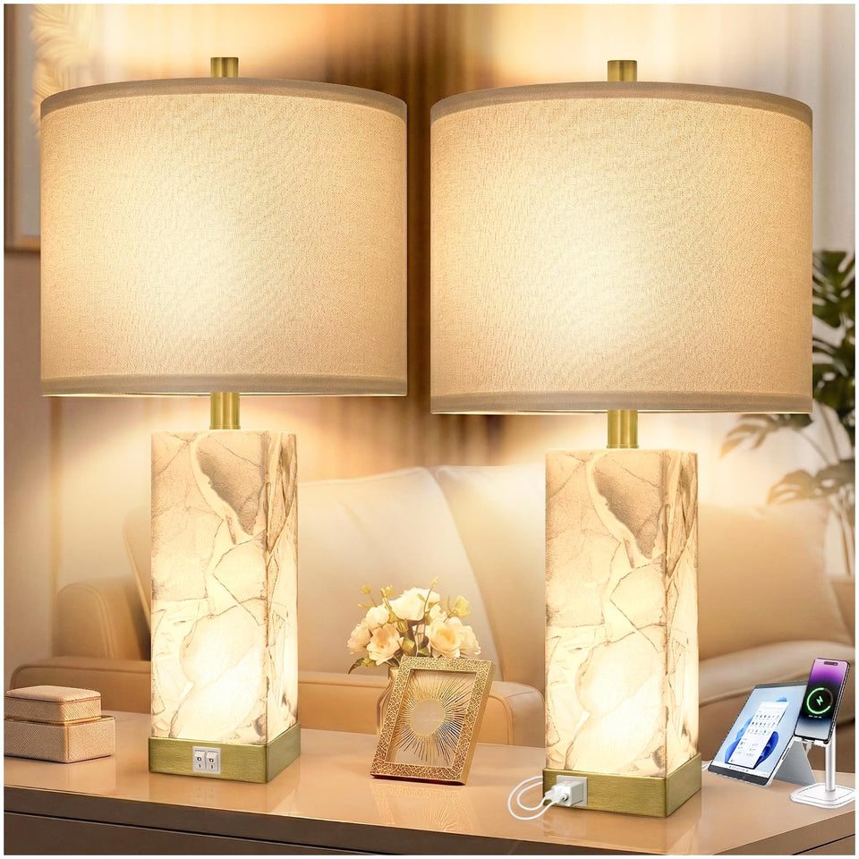 Scenekoy alabaster square lamp with linen shade for warm ambient lighting.