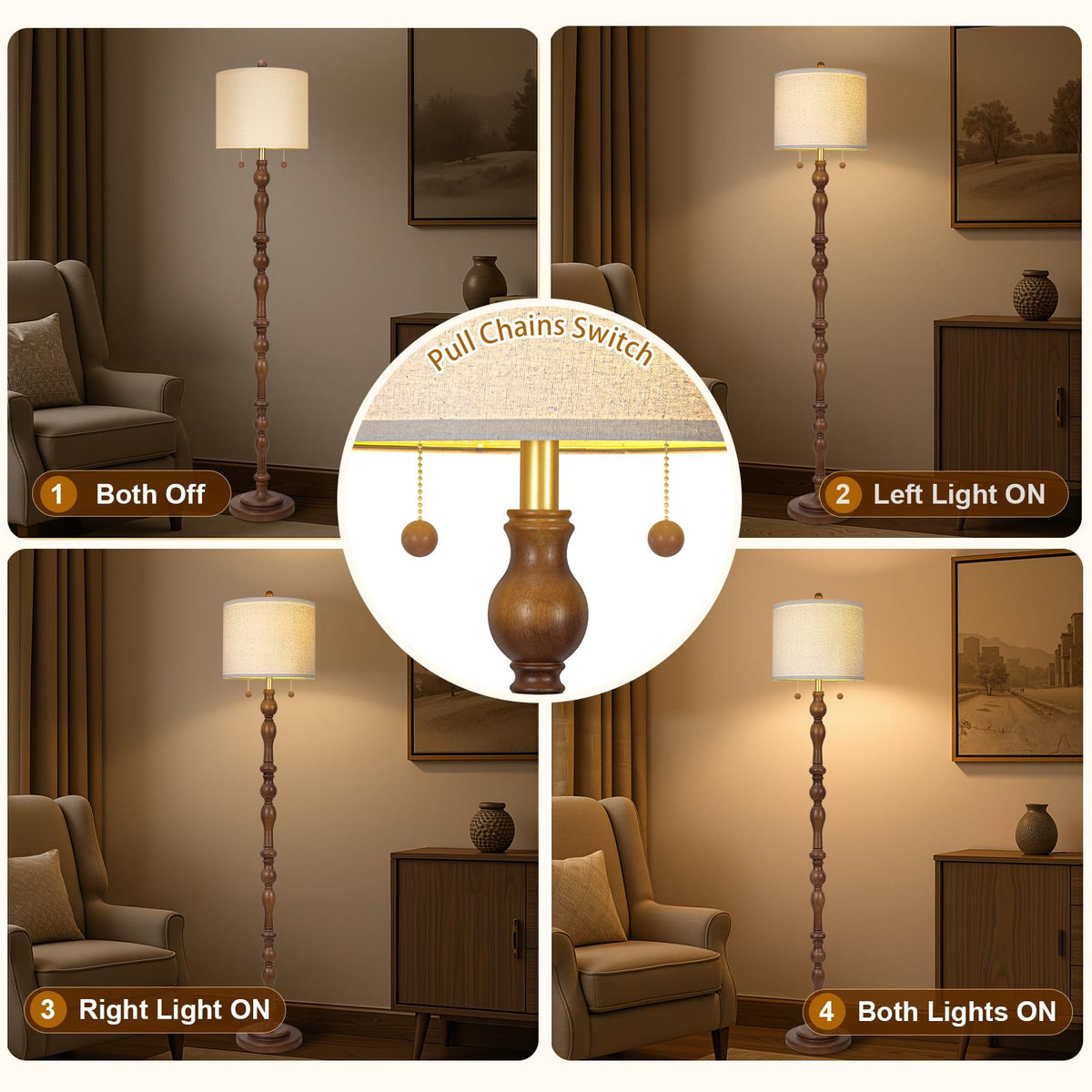 Scenekoy dual-switch floor lamp offering independent left and right light control.