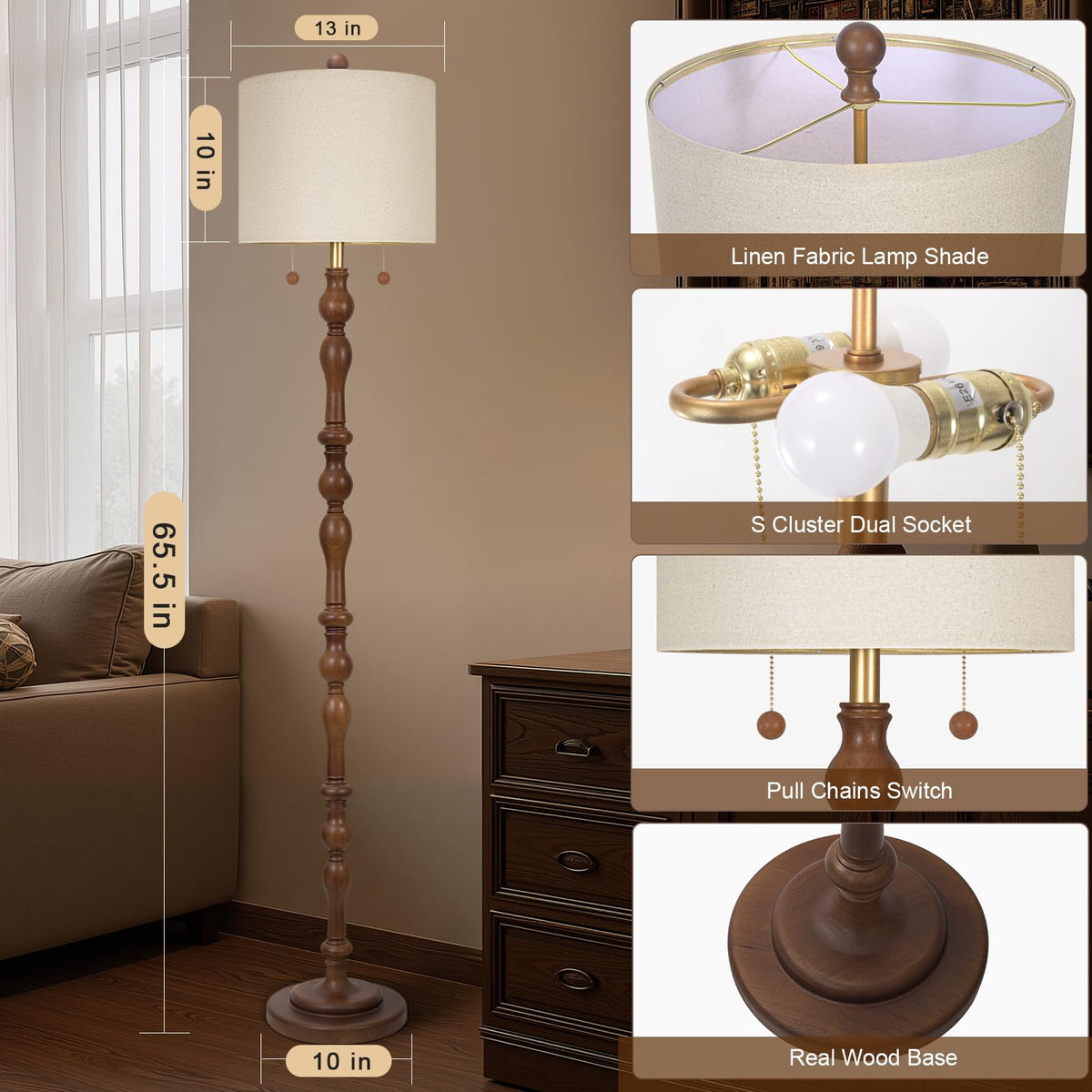 Scenekoy linen shade with S cluster pull chains for easy brightness control.