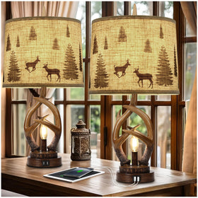 Scenekoy rustic farmhouse antlers lamp set main light illuminating a living room.