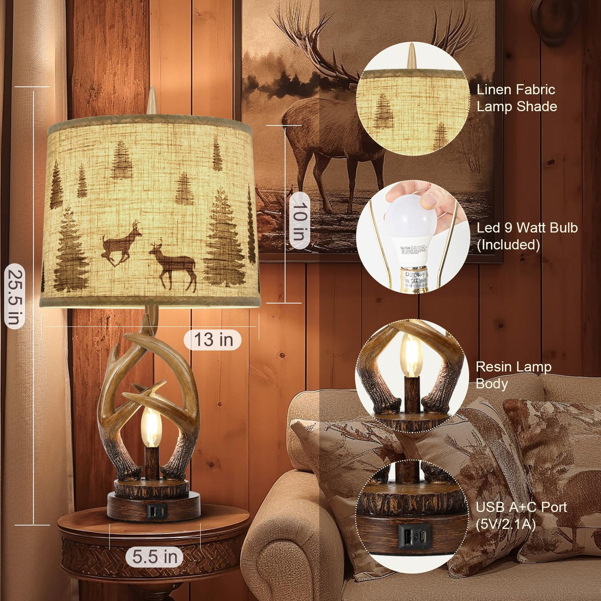 Scenekoy antler nightlight glows softly in a bedroom setting.