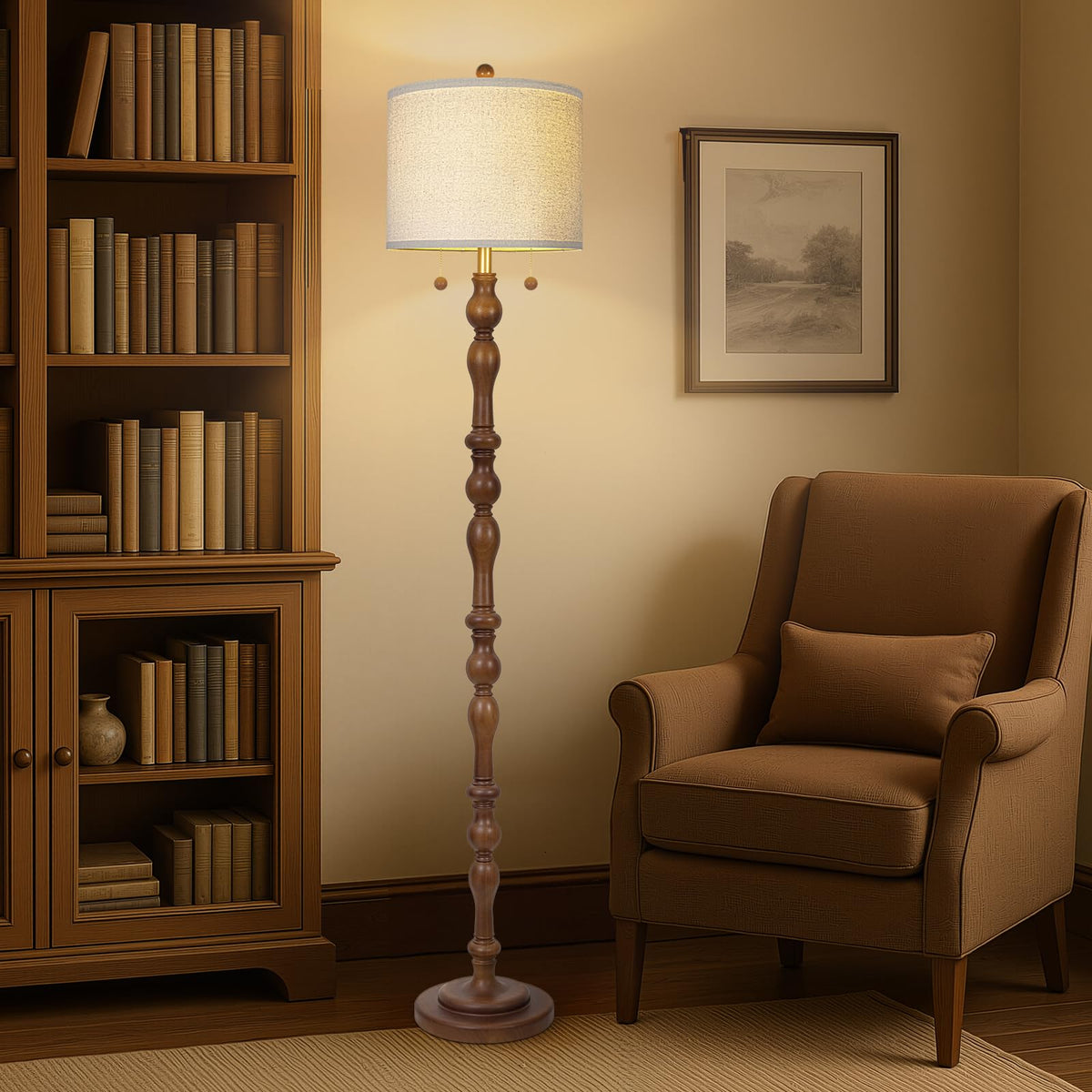 Scenekoy rustic farmhouse lamp enhancing cozy ambience in a room.