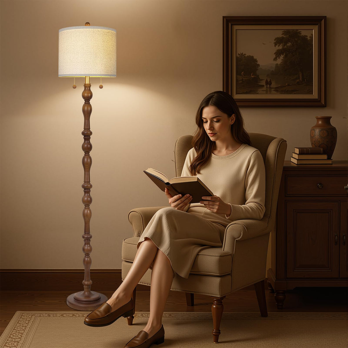 Scenekoy wood-base standing lamp adding rustic charm and stability.