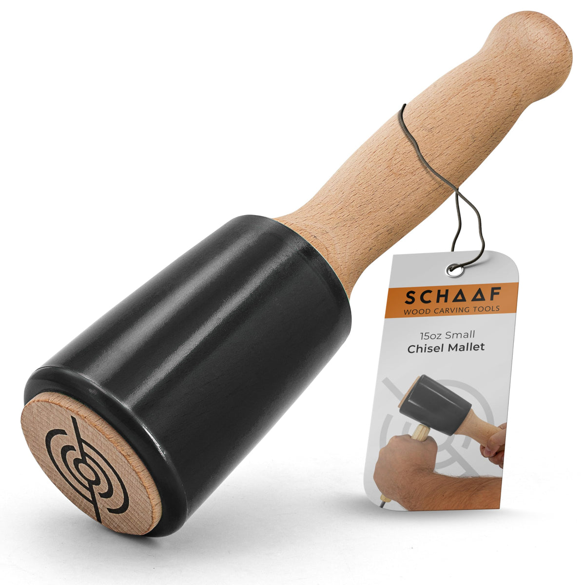 Schaaf Tools mallet with ergonomic wooden handle reduces hand fatigue during carving.