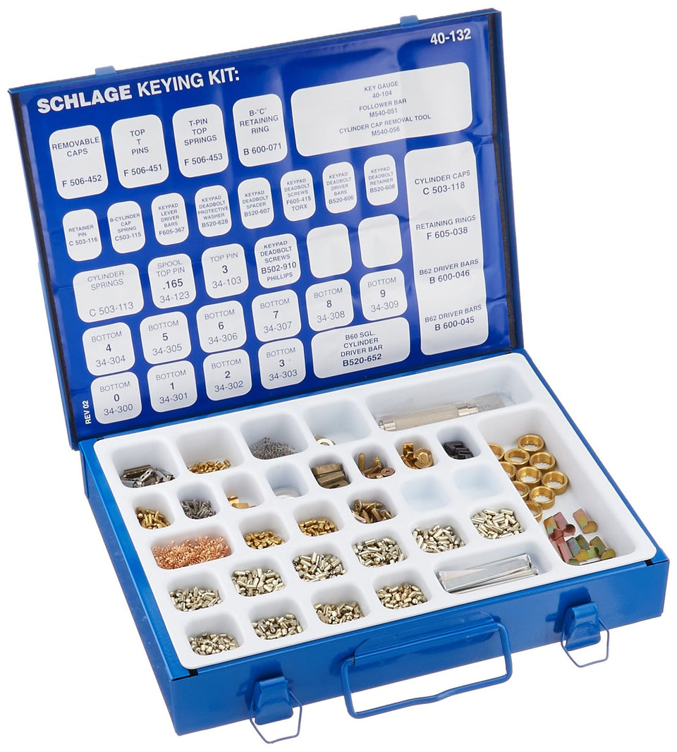 SCHLAGE 40-132 retail keying kit seal-tight metal box keeps tools organized on the job.