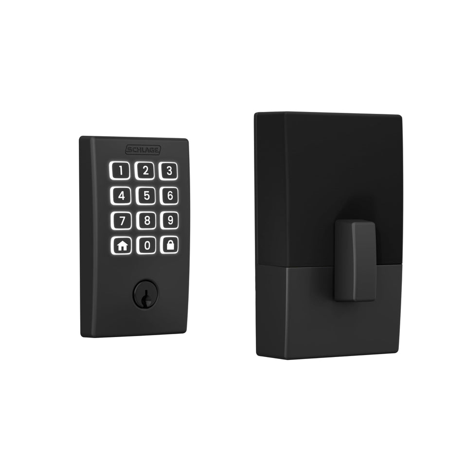Schlage Arrive front view in matte black finish showing the deadbolt and keypad for secure keyless entry.