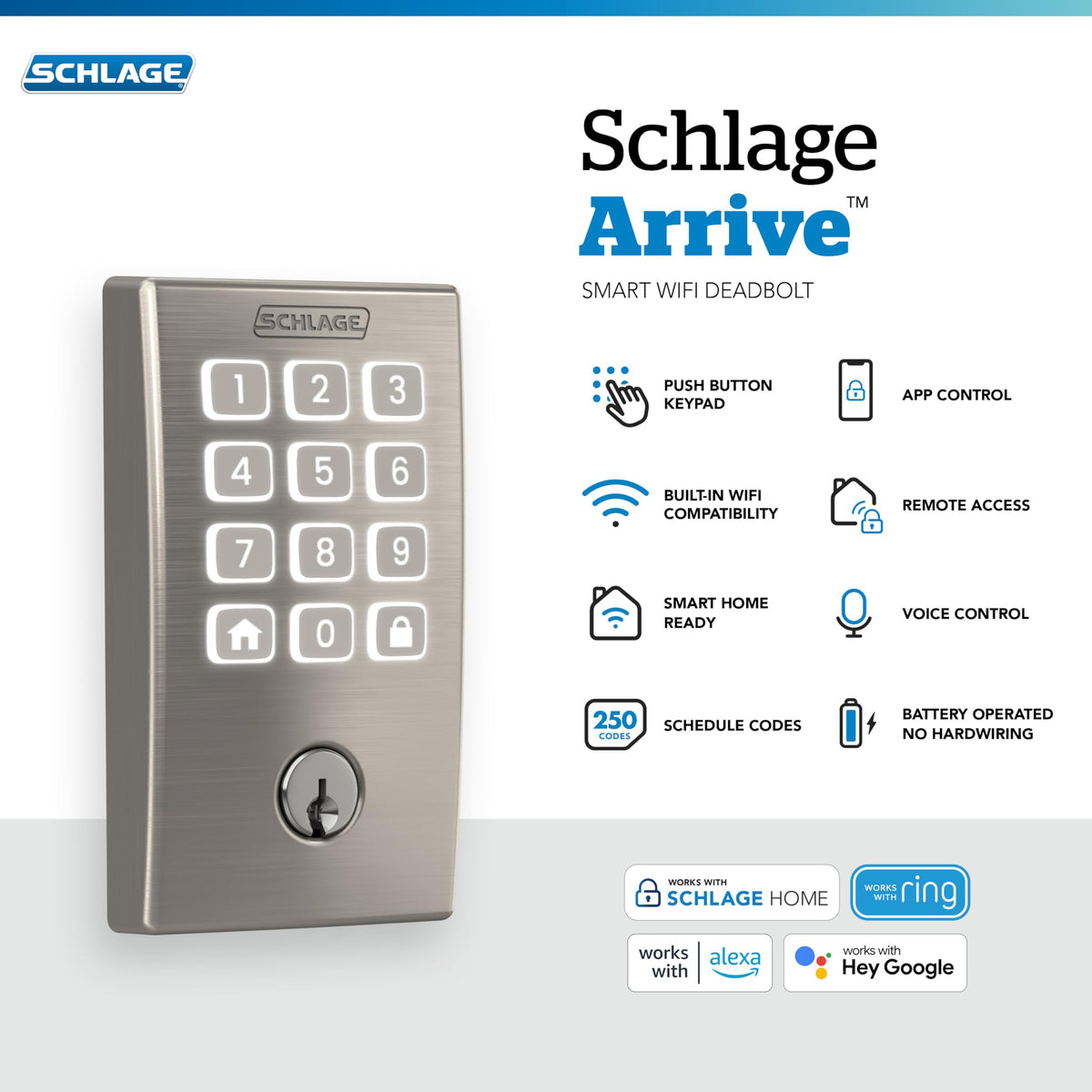 Schlage Arrive keypad close-up highlights durable backlit buttons
