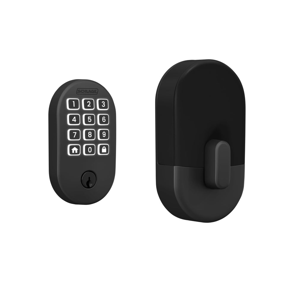 Schlage Arrive WiFi Deadbolt front view in matte black showing secure entry