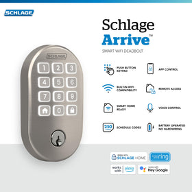 Schlage Arrive keypad close-up showing backlit buttons for night entry.