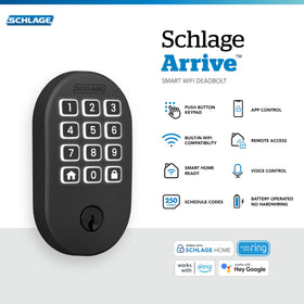 Push-button keypad on Schlage Arrive deadbolt illuminated for night use