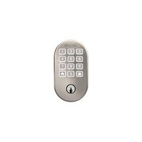 Schlage Arrive Remsen Trim Satin Nickel details on the door.