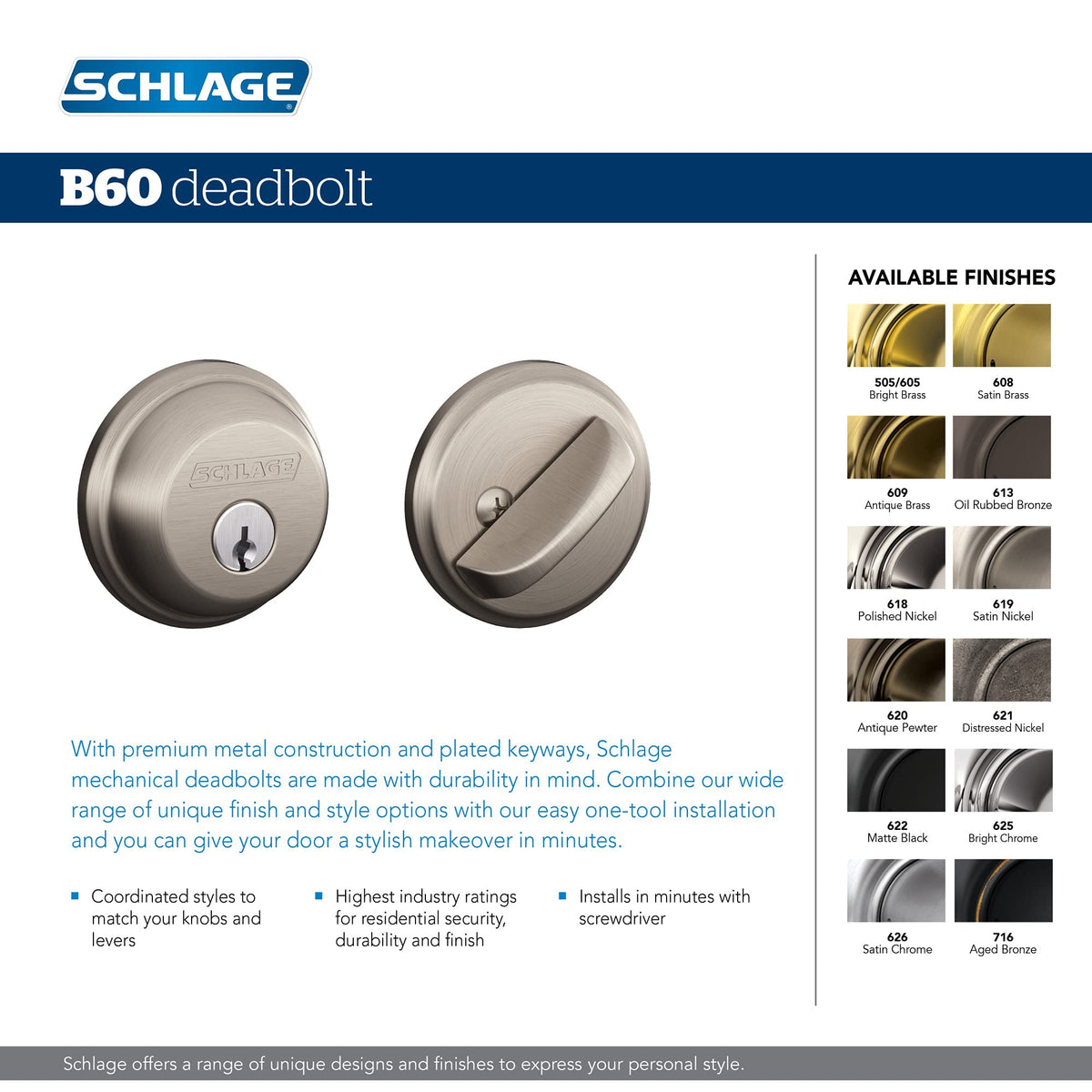 Schlage B60 N 619 keyed-entry pack with two keys included for convenience.