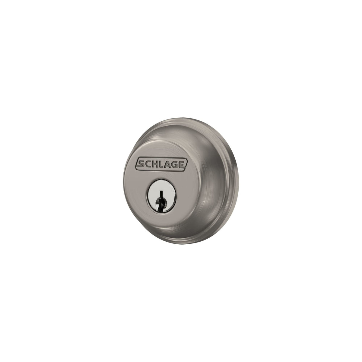 Schlage B60 N 619 satin nickel finish close-up adds modern flair.