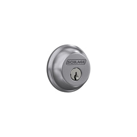 Schlage B60 N 626 deadbolt exterior front view highlighting satin chrome finish and robust security.