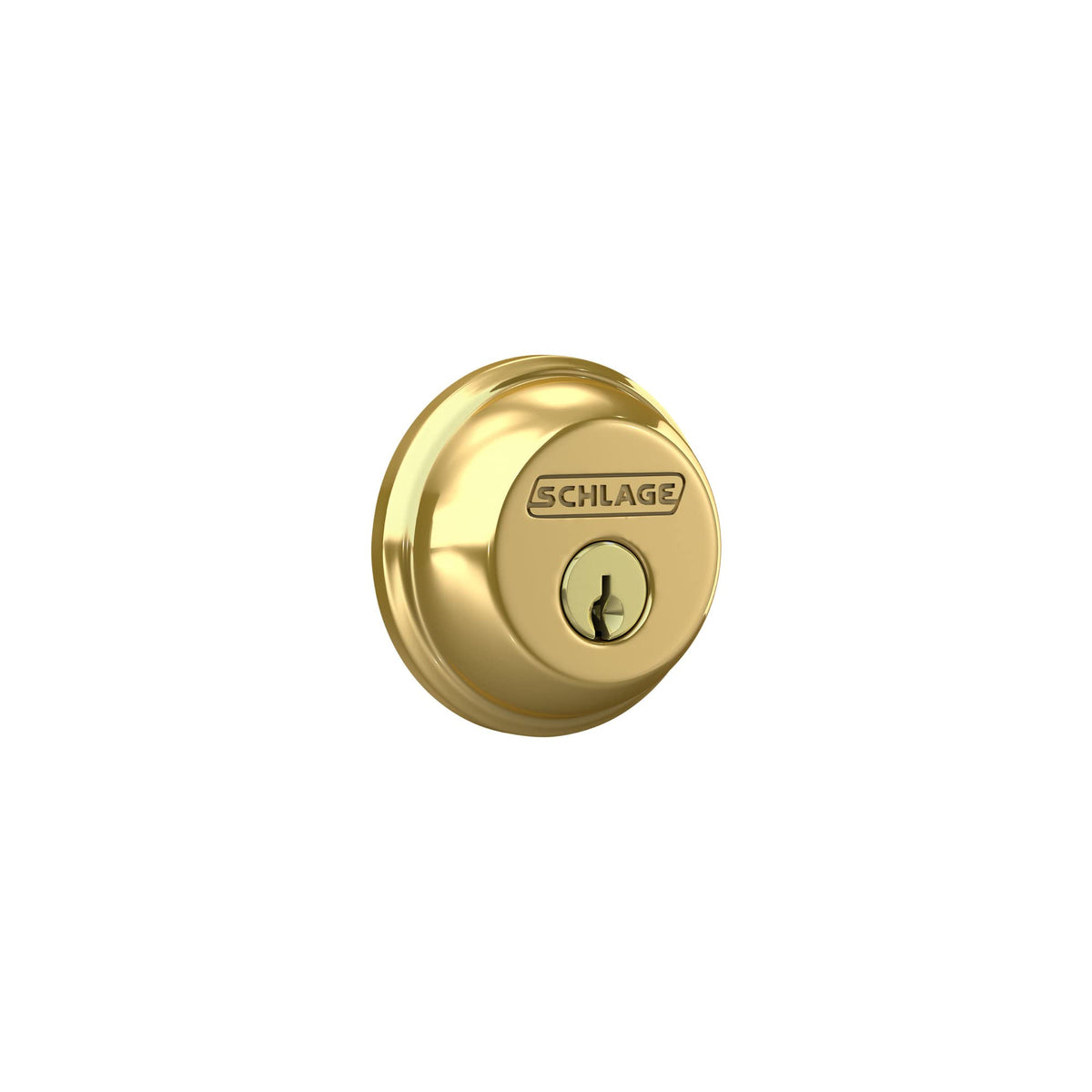 SCHLAGE B60N505 deadbolt front view with bright brass finish for secure entry