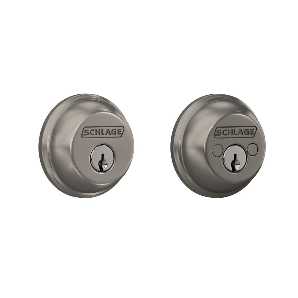 SCHLAGE B62N619 satin nickel deadbolt exterior with keyed access for enhanced security