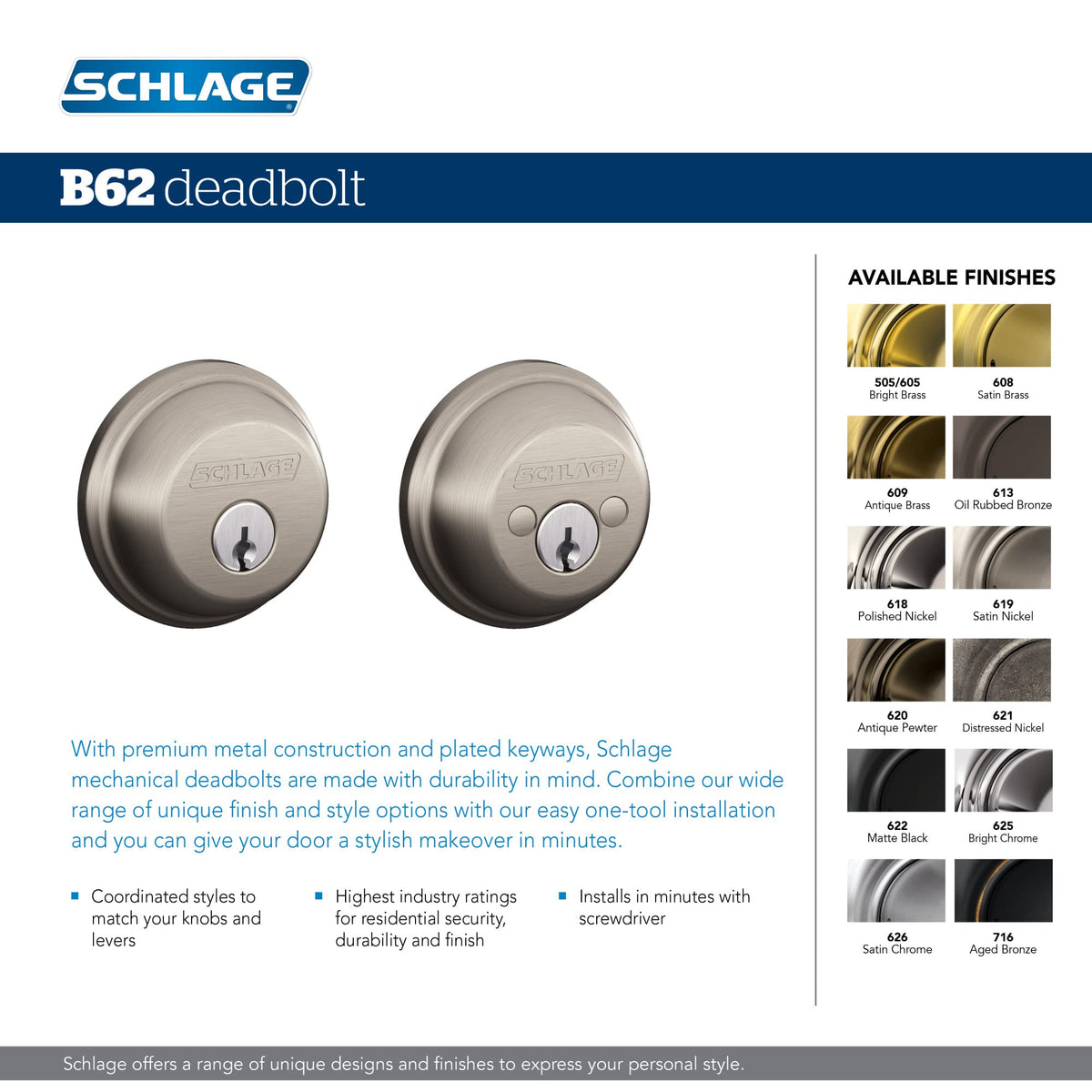 Schlage B62N622 installation example with backset alignment for easy fit