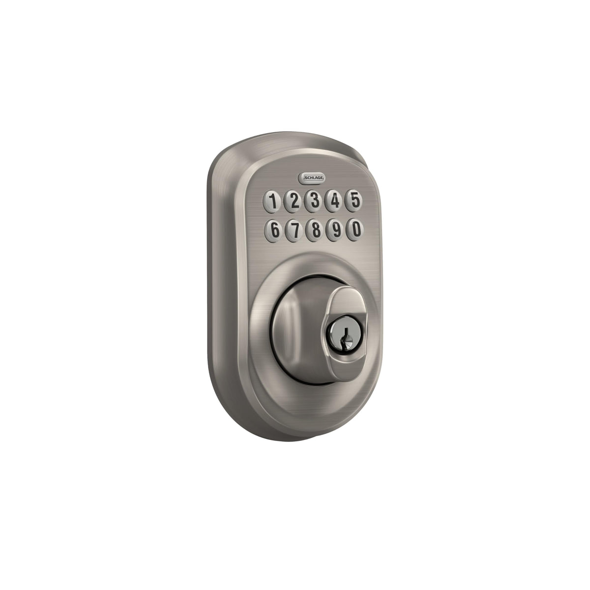 Schlage BE365 Plymouth 619 night-lit keypad for easy code entry.