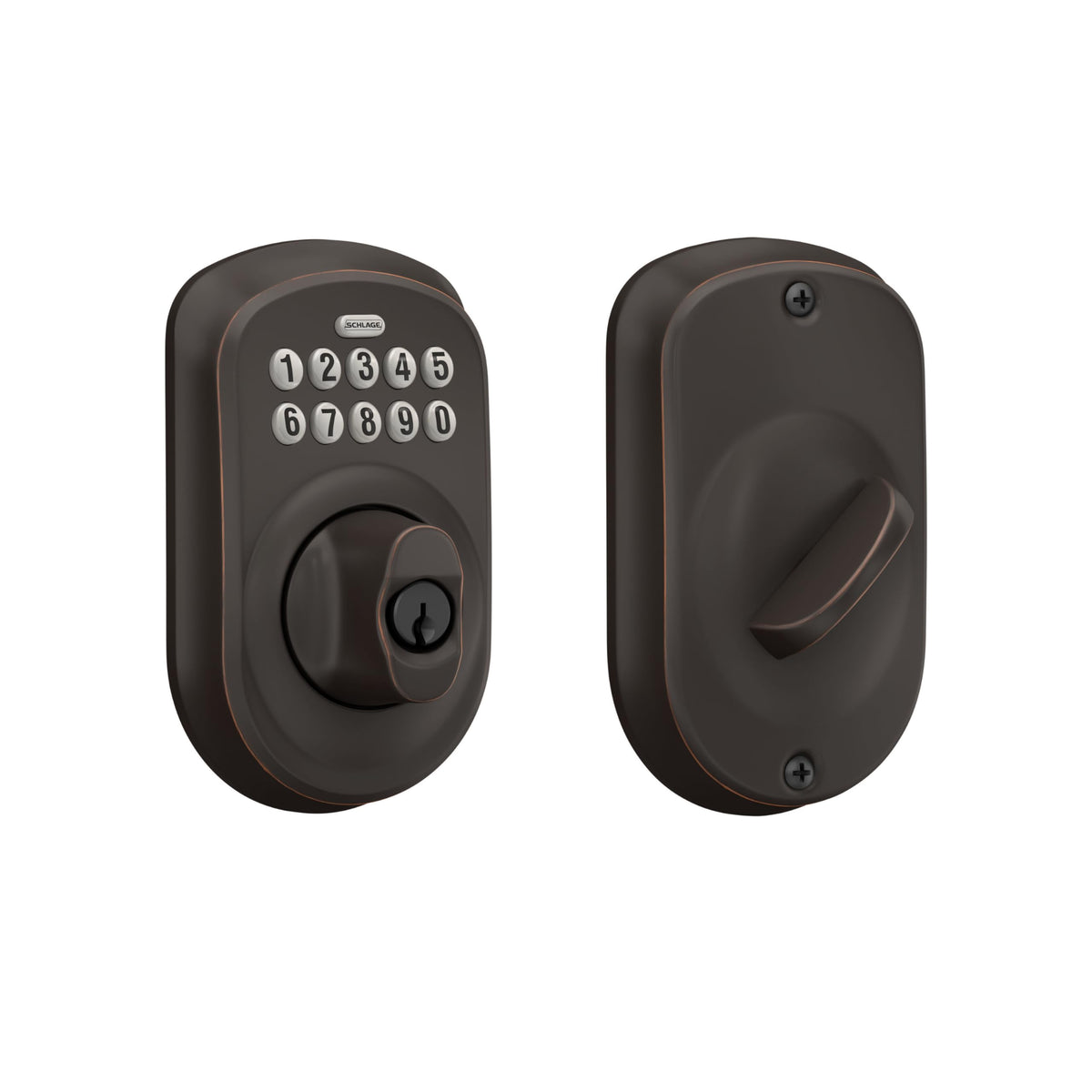 Schlage BE365 Plymouth keypad deadbolt on front door with illuminated keypad for night entry.