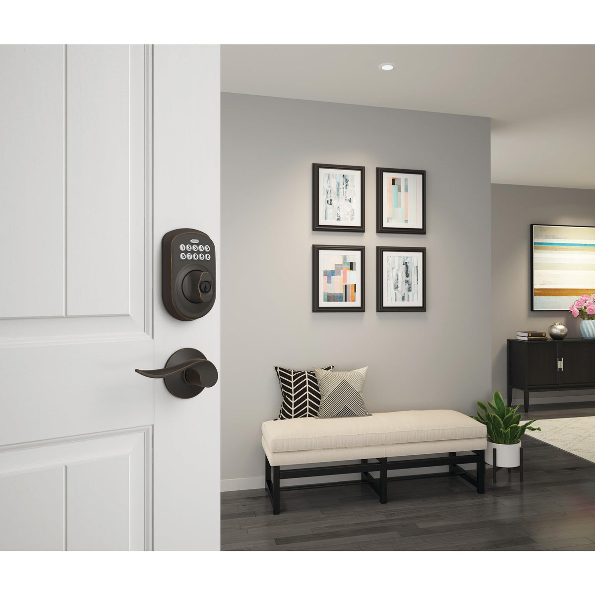 Wear-resistant silicone buttons on Schlage Plymouth lock for long-lasting use.
