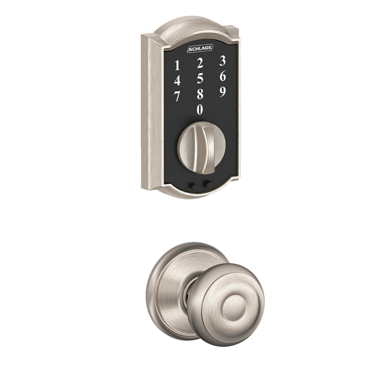 Schlage BE375 CAM 619 deadbolt closeup highlights slim, secure cylinder-free design