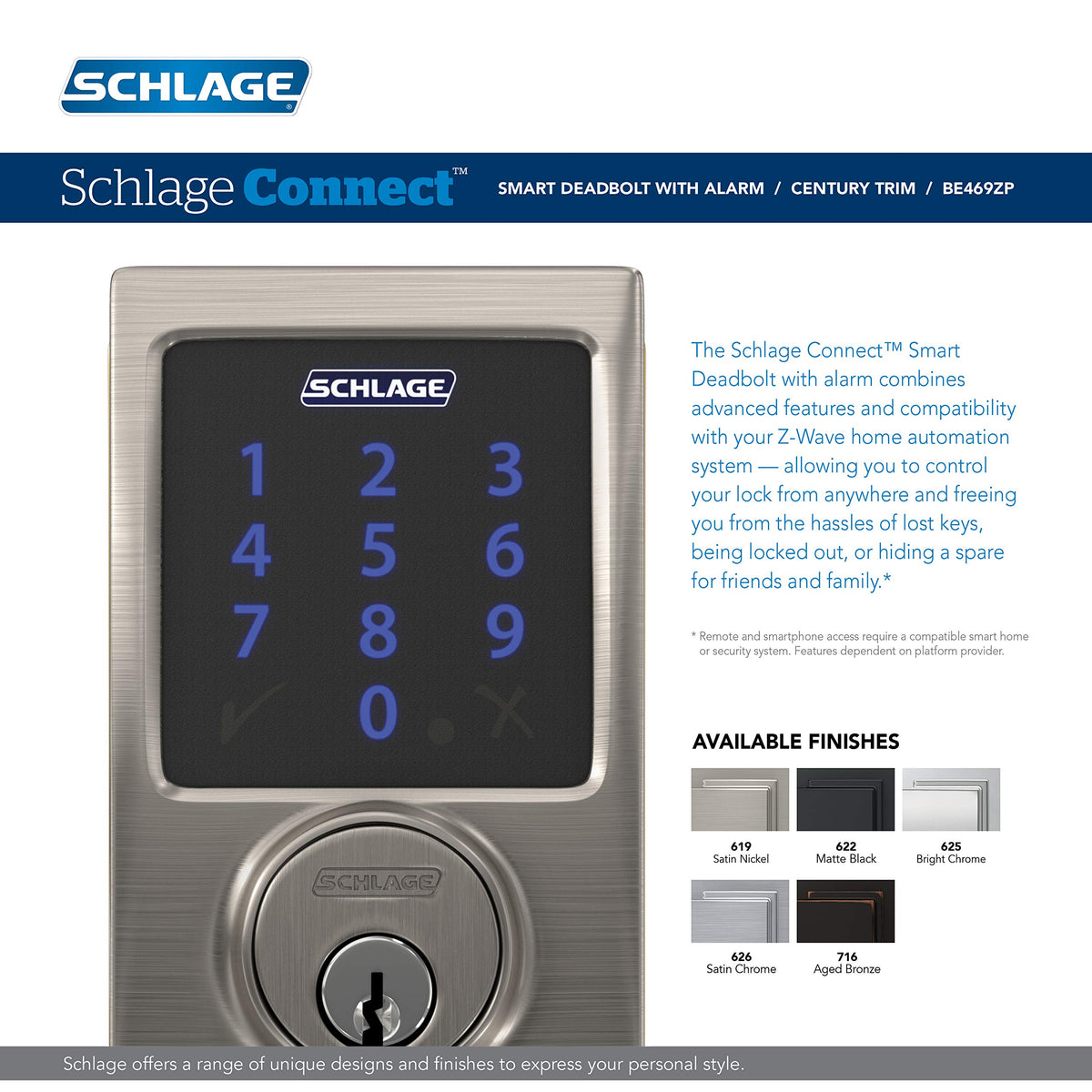 SCHLAGE BE469ZP CEN 619 alarm indicator visible for enhanced door tamper alerts